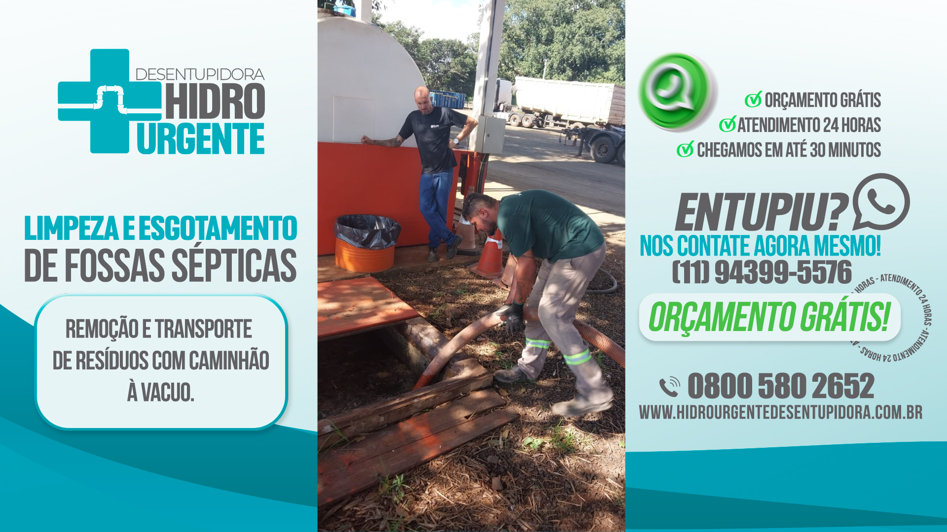 Técnico da Desentupidora Hidro Urgente realizando limpeza de fossa séptica residencial em São Paulo